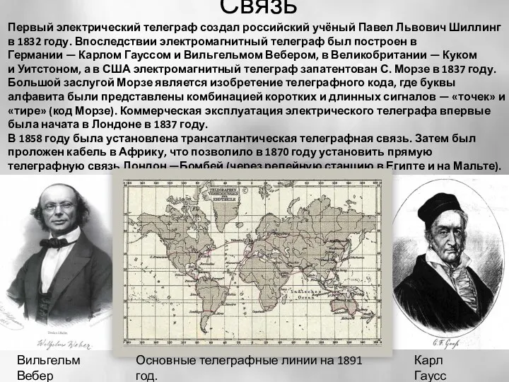 Связь Первый электрический телеграф создал российский учёный Павел Львович Шиллинг в 1832 году.