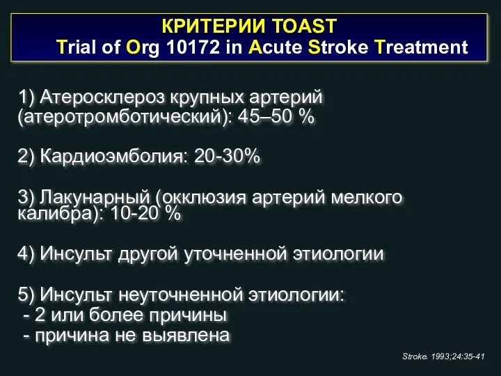 КРИТЕРИИ TOAST Trial of Org 10172 in Acute Stroke Treatment 1) Атеросклероз крупных