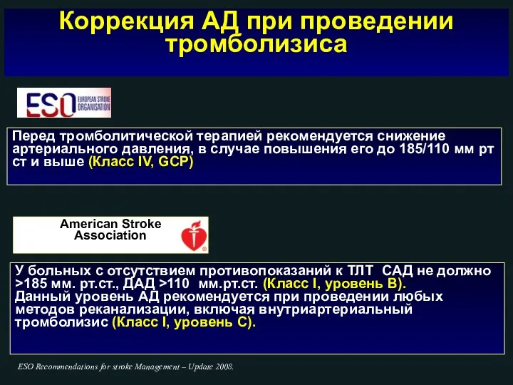 Коррекция АД при проведении тромболизиса Перед тромболитической терапией рекомендуется снижение