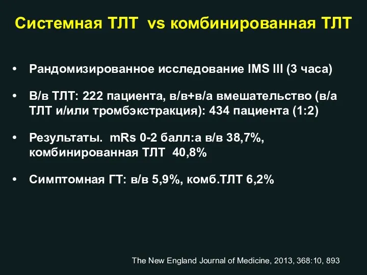 Рандомизированное исследование IMS III (3 часа) В/в ТЛТ: 222 пациента,