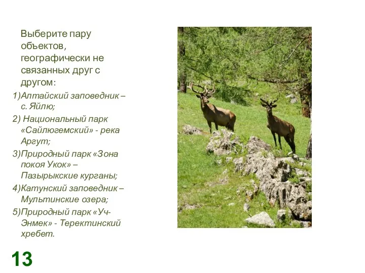 Выберите пару объектов, географически не связанных друг с другом: Алтайский