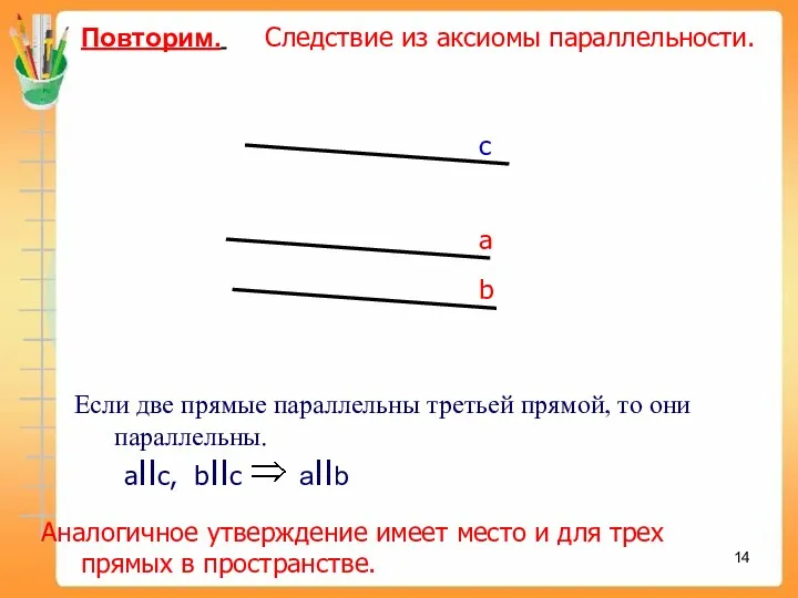 Повторим. Следствие из аксиомы параллельности. Аналогичное утверждение имеет место и для трех прямых в пространстве.