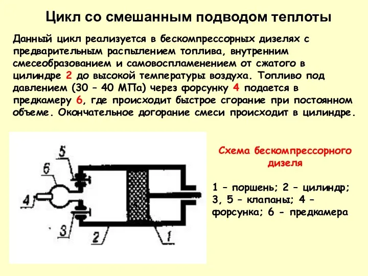 Цикл со смешанным подводом теплоты Данный цикл реализуется в бескомпрессорных дизелях с предварительным