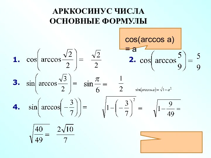 АРККОСИНУС ЧИСЛА ОСНОВНЫЕ ФОРМУЛЫ 1. 2. 3. 4. cos(arccos a) = a