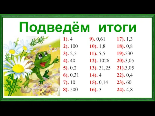 Подведём итоги 1). 4 2). 100 3). 2,5 4). 40