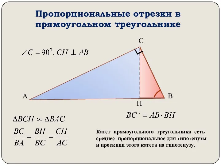 Пропорциональные отрезки в прямоугольном треугольнике А В С Н Катет