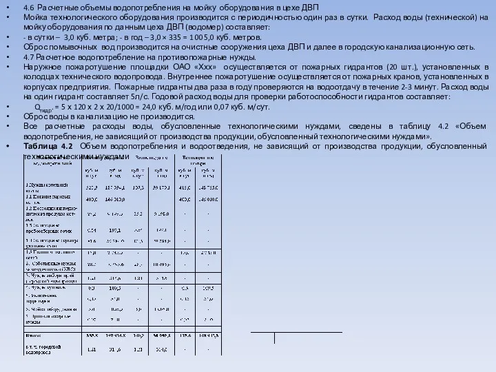 4.6 Расчетные объемы водопотребления на мойку оборудования в цехе ДВП Мойка технологического оборудования