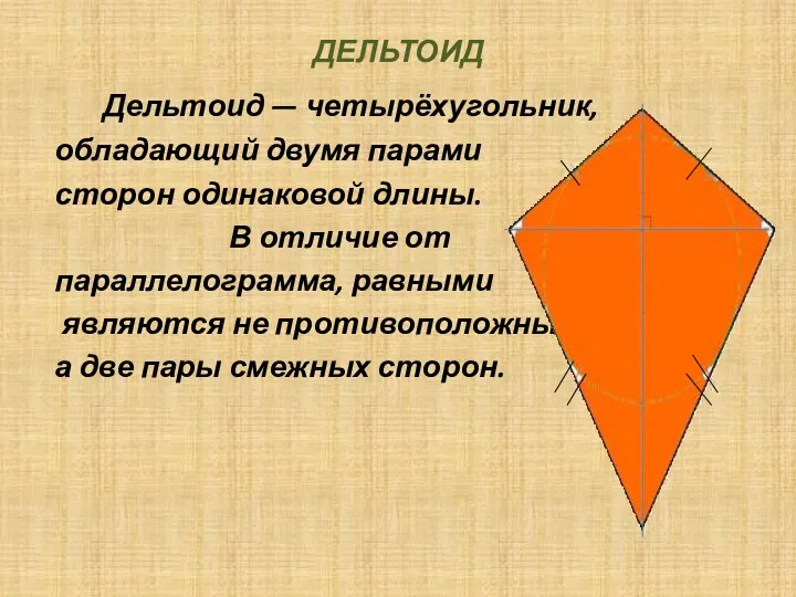 ДЕЛЬТОИД Дельтоид — четырёхугольник, обладающий двумя парами сторон одинаковой длины.