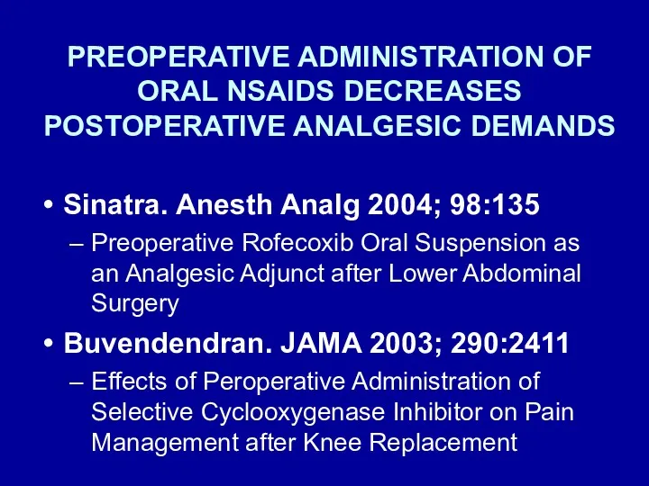 PREOPERATIVE ADMINISTRATION OF ORAL NSAIDS DECREASES POSTOPERATIVE ANALGESIC DEMANDS Sinatra.