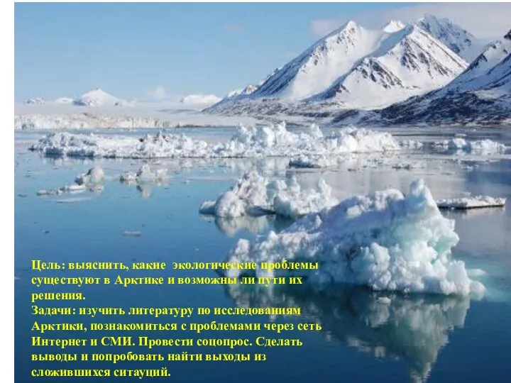 Цель: выяснить, какие экологические проблемы существуют в Арктике и возможны