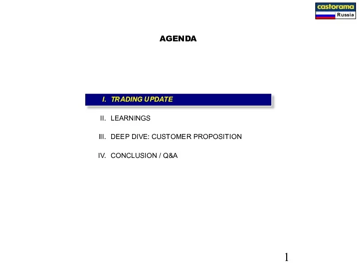 AGENDA TRADING UPDATE LEARNINGS DEEP DIVE: CUSTOMER PROPOSITION CONCLUSION / Q&A I. II. III. IV.