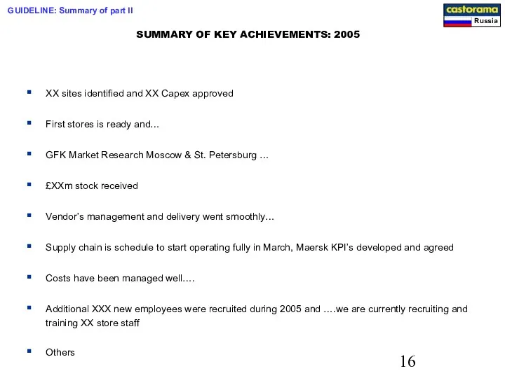 SUMMARY OF KEY ACHIEVEMENTS: 2005 XX sites identified and XX