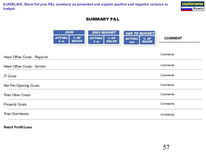 SUMMARY P&L COMMENT 2005 ACTUAL £ m % OF SALES