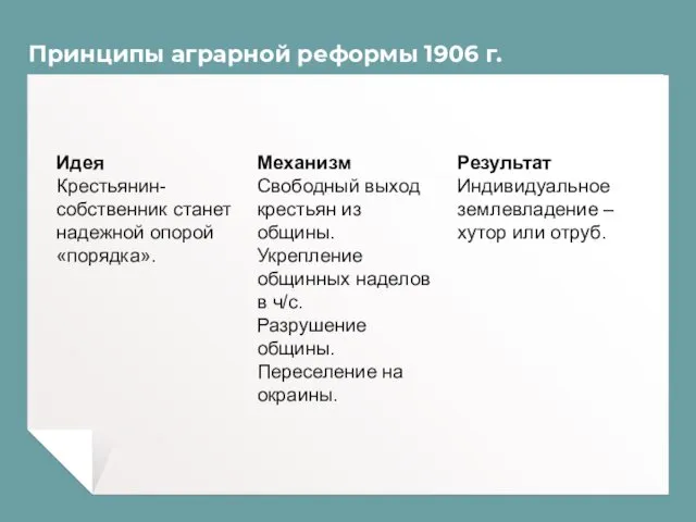 Принципы аграрной реформы 1906 г. Идея Крестьянин-собственник станет надежной опорой