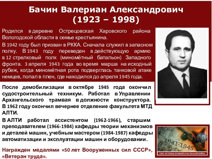 Бачин Валериан Александрович (1923 – 1998) Родился в деревне Острецовская