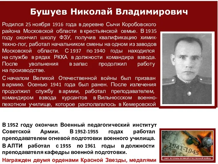 Бушуев Николай Владимирович Родился 25 ноября 1916 года в деревне