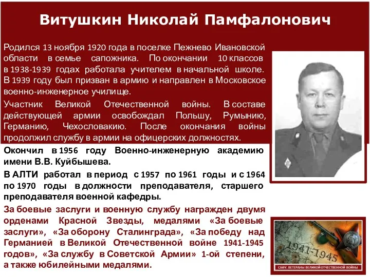 Витушкин Николай Памфалонович Родился 13 ноября 1920 года в поселке