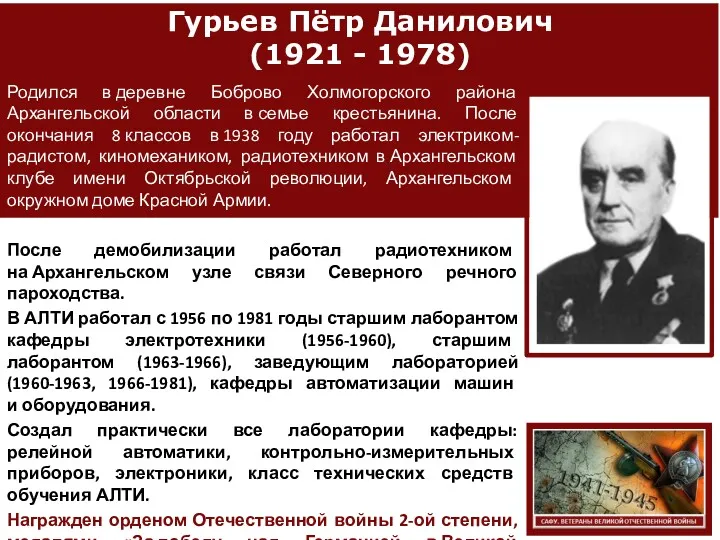 Гурьев Пётр Данилович (1921 - 1978) Родился в деревне Боброво