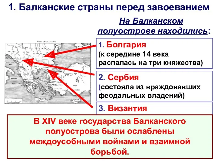 1. Балканские страны перед завоеванием На Балканском полуострове находились: 1.