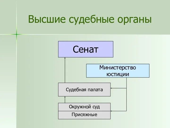 Высшие судебные органы Сенат Министерство юстиции Судебная палата Окружной суд Присяжные