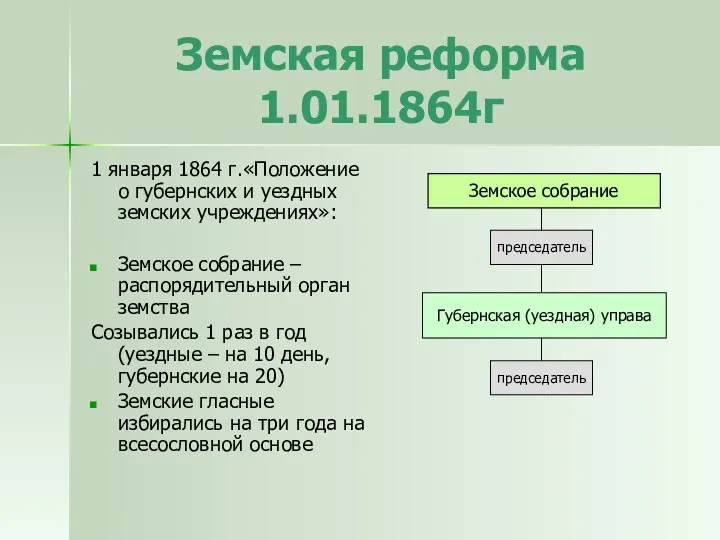 Земская реформа 1.01.1864г 1 января 1864 г.«Положение о губернских и