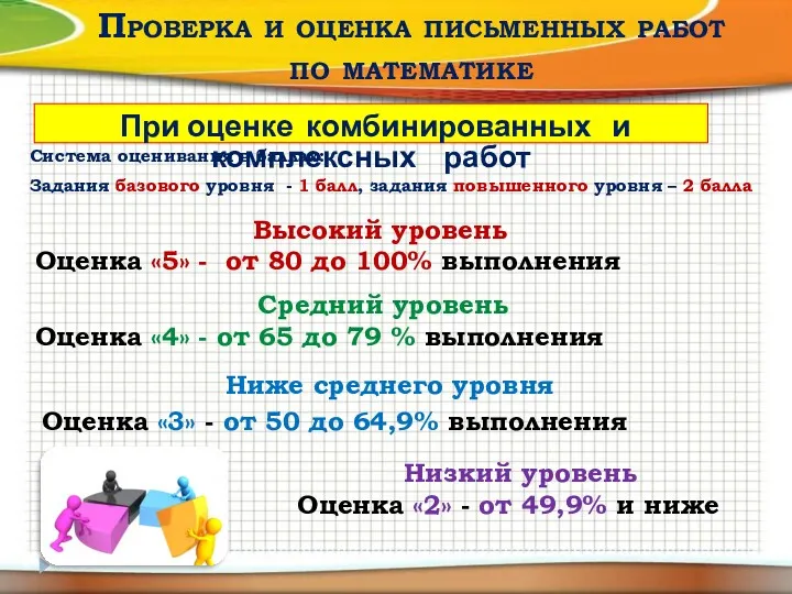 Проверка и оценка письменных работ по математике При оценке комбинированных