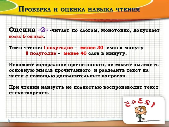 Проверка и оценка навыка чтения Оценка «2» -читает по слогам,