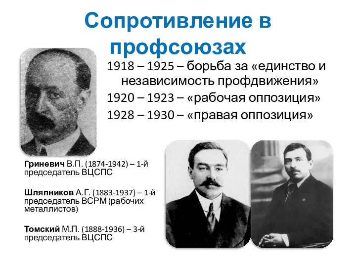 Сопротивление в профсоюзах 1918 – 1925 – борьба за «единство