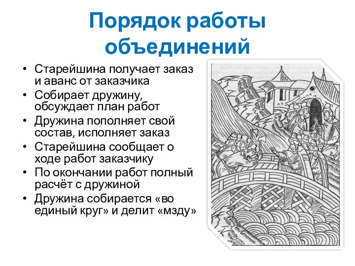 Порядок работы объединений Старейшина получает заказ и аванс от заказчика