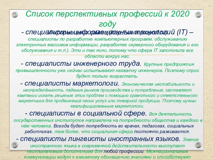 Список перспективных профессий к 2020 году Информация с сайта (http://www.proprof.ru)