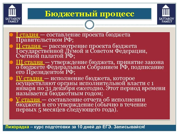 I стадия — составление проекта бюджета Правительством РФ; II стадия