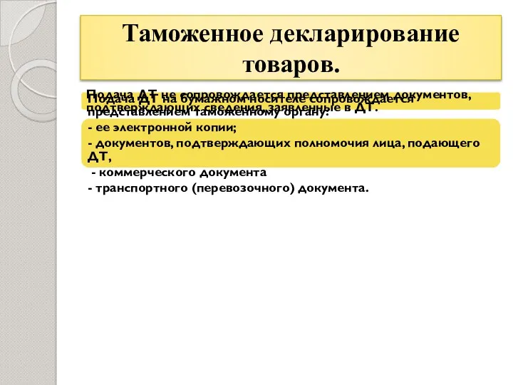 Таможенное декларирование товаров. Подача ДТ не сопровождается представлением документов, подтверждающих