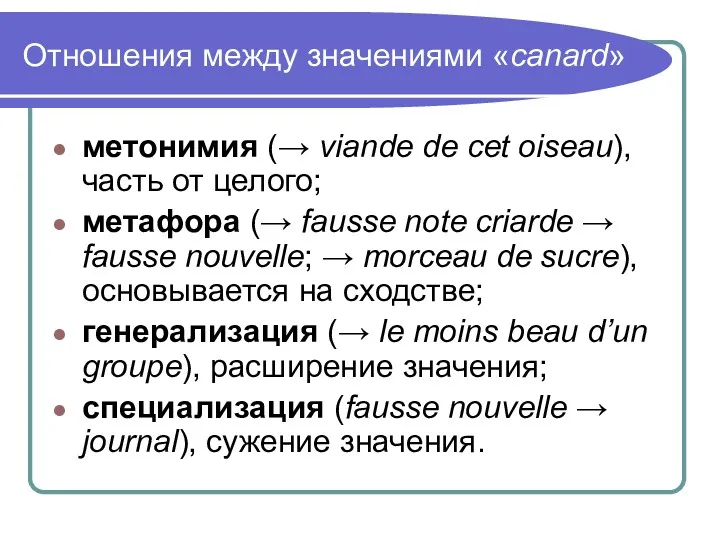 Отношения между значениями «canard» метонимия (→ viande de cet oiseau),