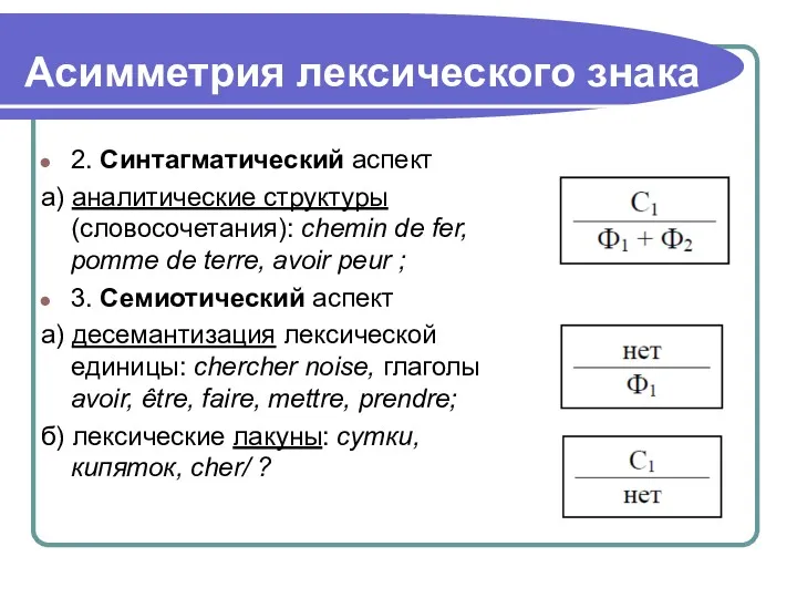 Асимметрия лексического знака 2. Синтагматический аспект а) аналитические структуры (словосочетания):