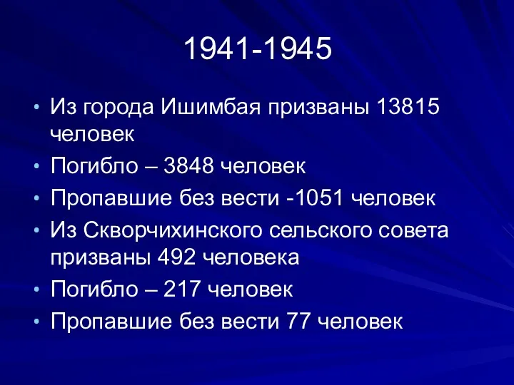 1941-1945 Из города Ишимбая призваны 13815 человек Погибло – 3848 человек Пропавшие без