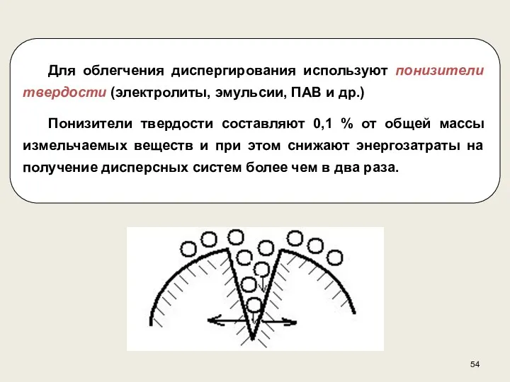 Для облегчения диспергирования используют понизители твердости (электролиты, эмульсии, ПАВ и