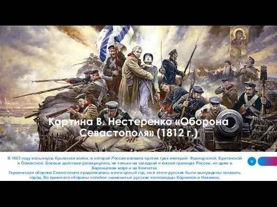 Картина В. Нестеренко «Оборона Севастополя» (1812 г.) В 1853 году вспыхнула Крымская война,