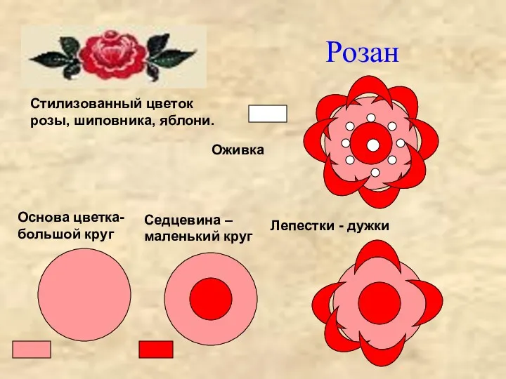 Розан Стилизованный цветок розы, шиповника, яблони. Основа цветка- большой круг
