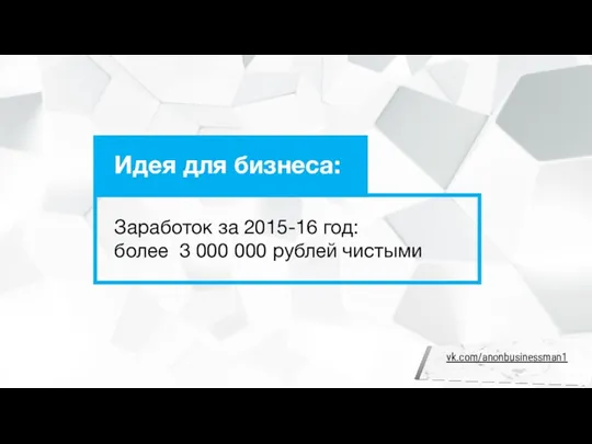 Заработок за 2015-16 год: более 3 000 000 рублей чистыми Идея для бизнеса: