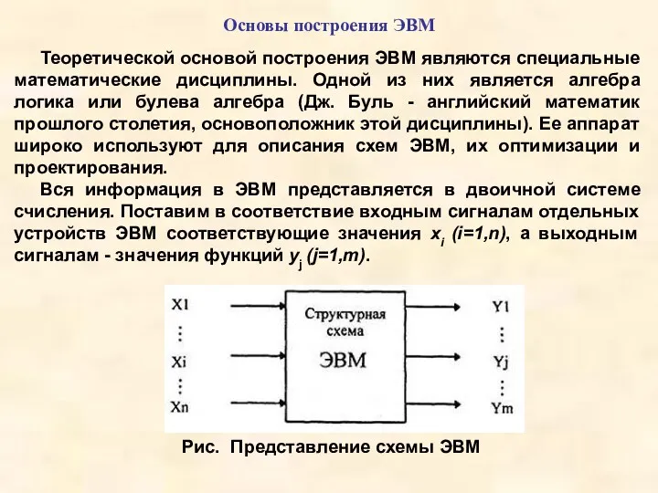 Основы построения ЭВМ Теоретической основой построения ЭВМ являются специальные математические