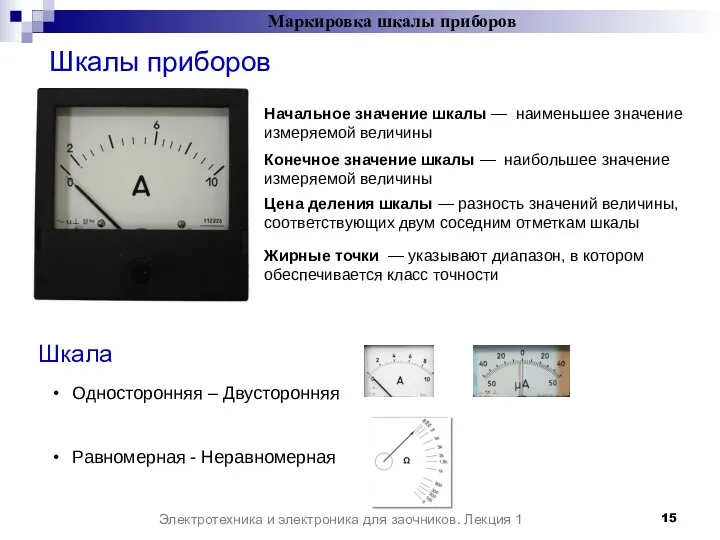 Шкалы приборов Электротехника и электроника для заочников. Лекция 1 Маркировка