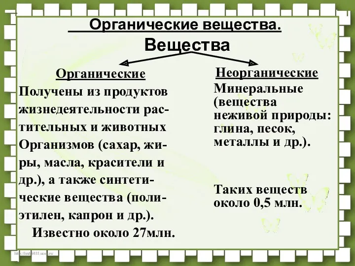 Органические вещества. Вещества Органические Получены из продуктов жизнедеятельности рас- тительных