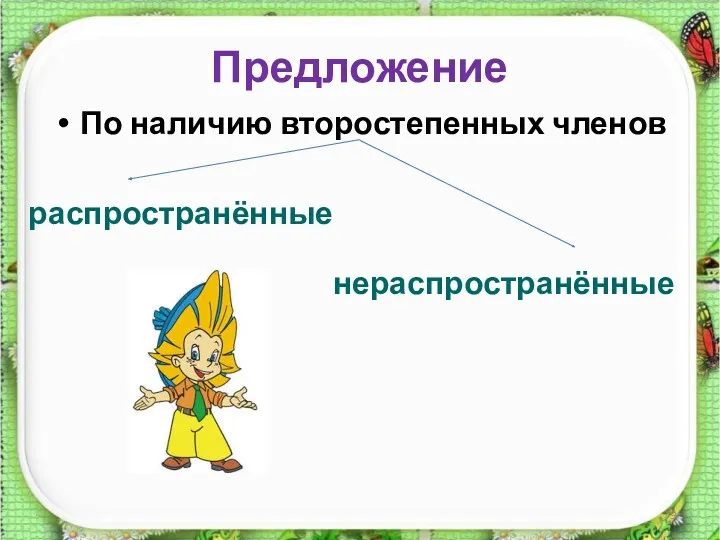 Предложение По наличию второстепенных членов распространённые нераспространённые