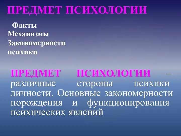 Факты Механизмы Закономерности психики ПРЕДМЕТ ПСИХОЛОГИИ – различные стороны психики