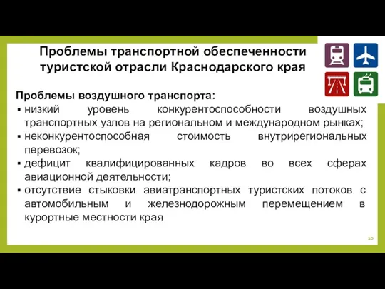 Проблемы транспортной обеспеченности туристской отрасли Краснодарского края Проблемы воздушного транспорта: