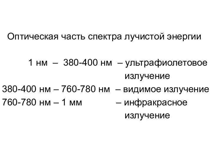 Оптическая часть спектра лучистой энергии 1 нм – 380-400 нм