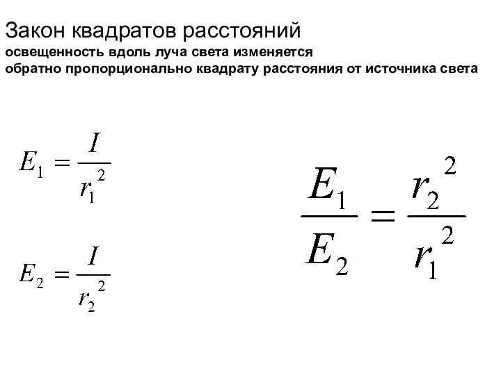 Закон квадратов расстояний освещенность вдоль луча света изменяется обратно пропорционально квадрату расстояния от источника света