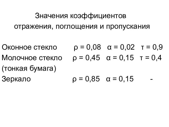 Значения коэффициентов отражения, поглощения и пропускания Оконное стекло ρ =