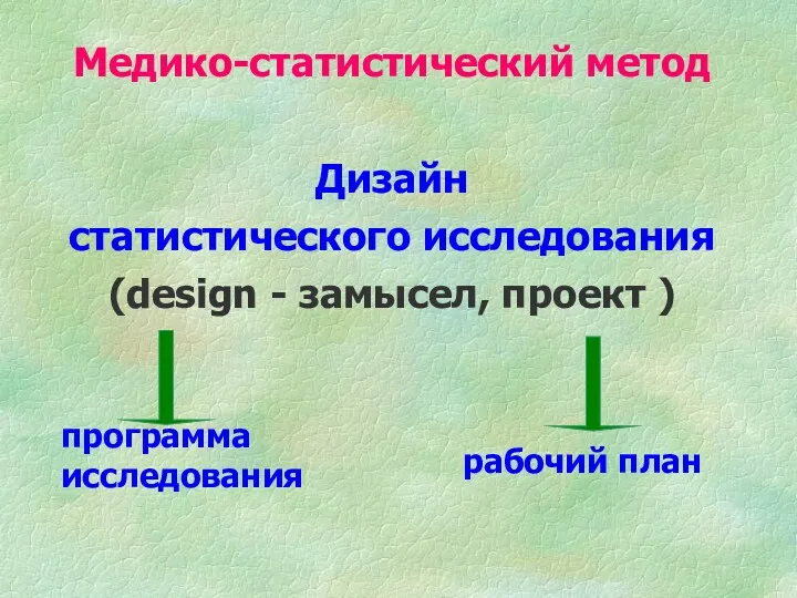Медико-статистический метод Дизайн статистического исследования (design - замысел, проект ) программа исследования рабочий план