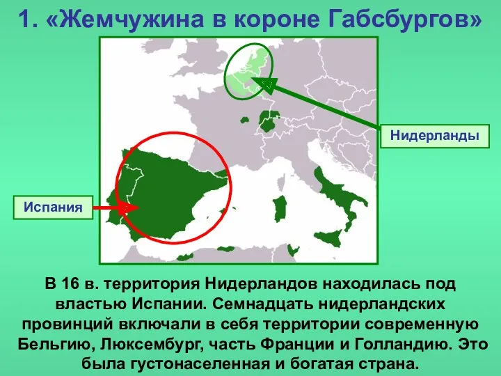 1. «Жемчужина в короне Габсбургов» Нидерланды В 16 в. территория